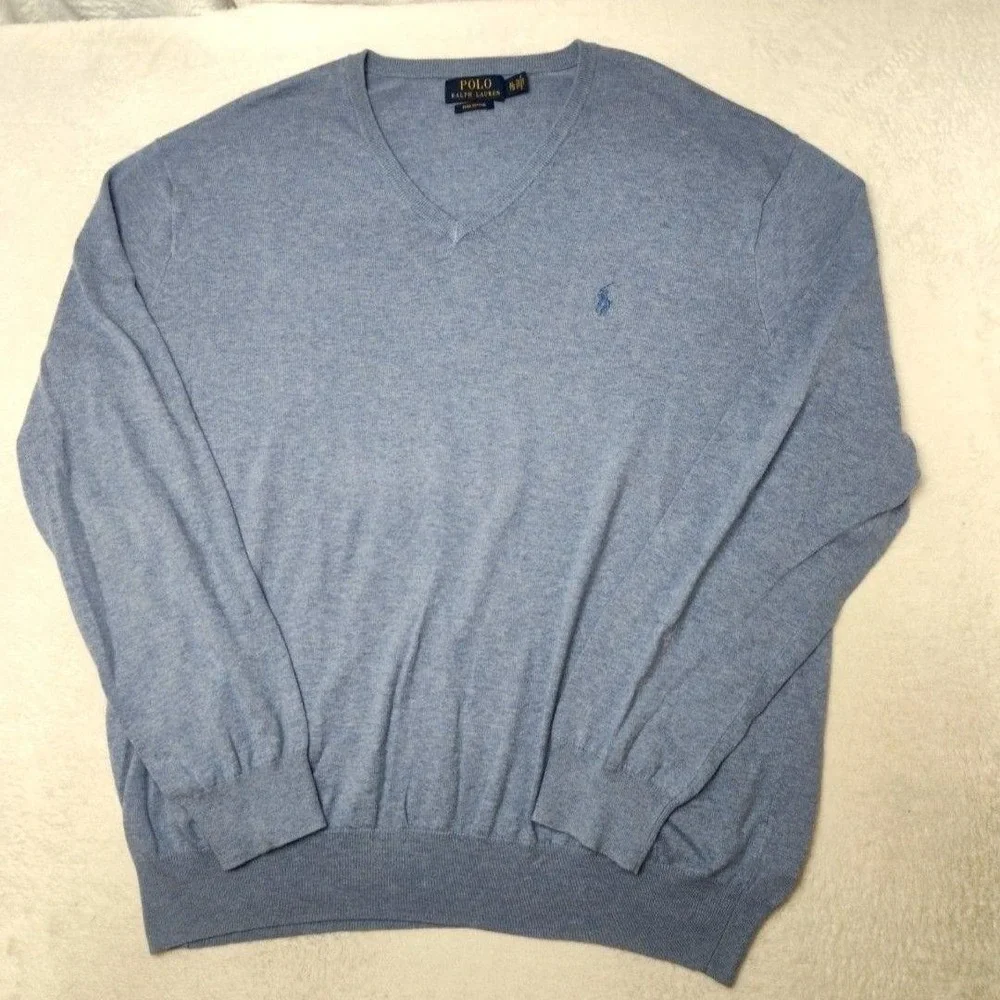 Polo Ralph Lauren Sweater Mens XL Blue V-Neck Pima Cotton Lightweight Pullover